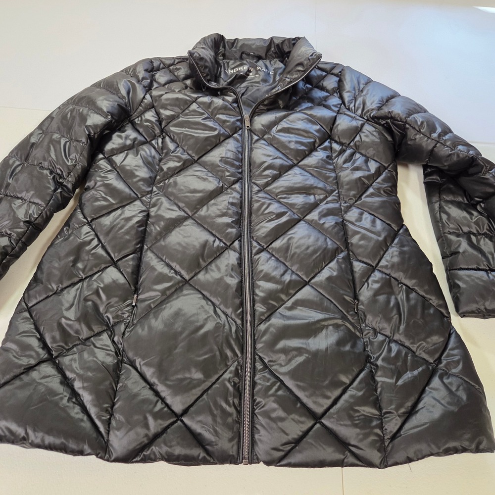 Andrew Marc Womens XL Black Diamond Quilted Full Zip Puffer Jacket Stand Collar